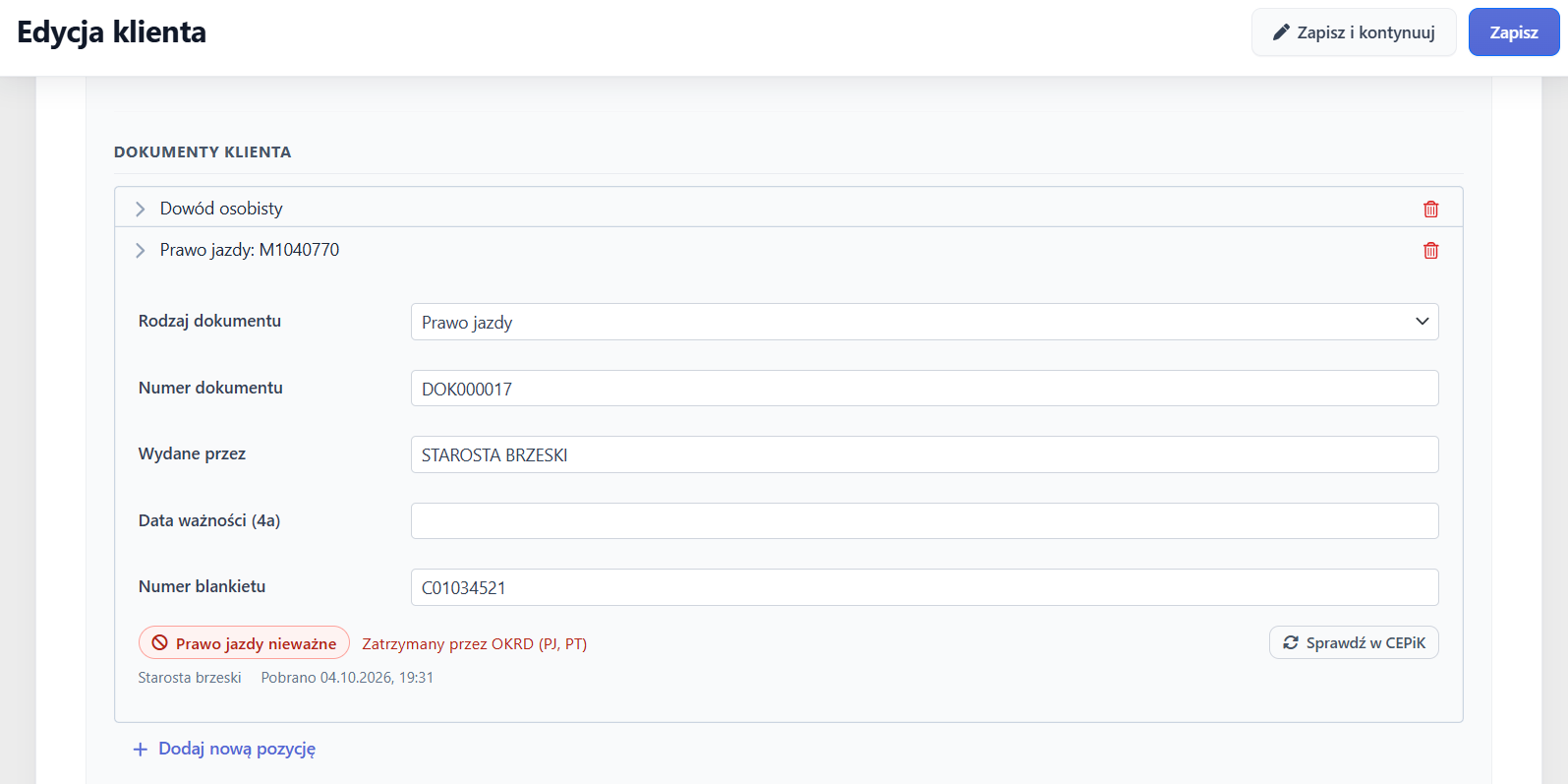Dokumenty klienta: sprawdzanie ważności prawa jazdy w CEPiK
