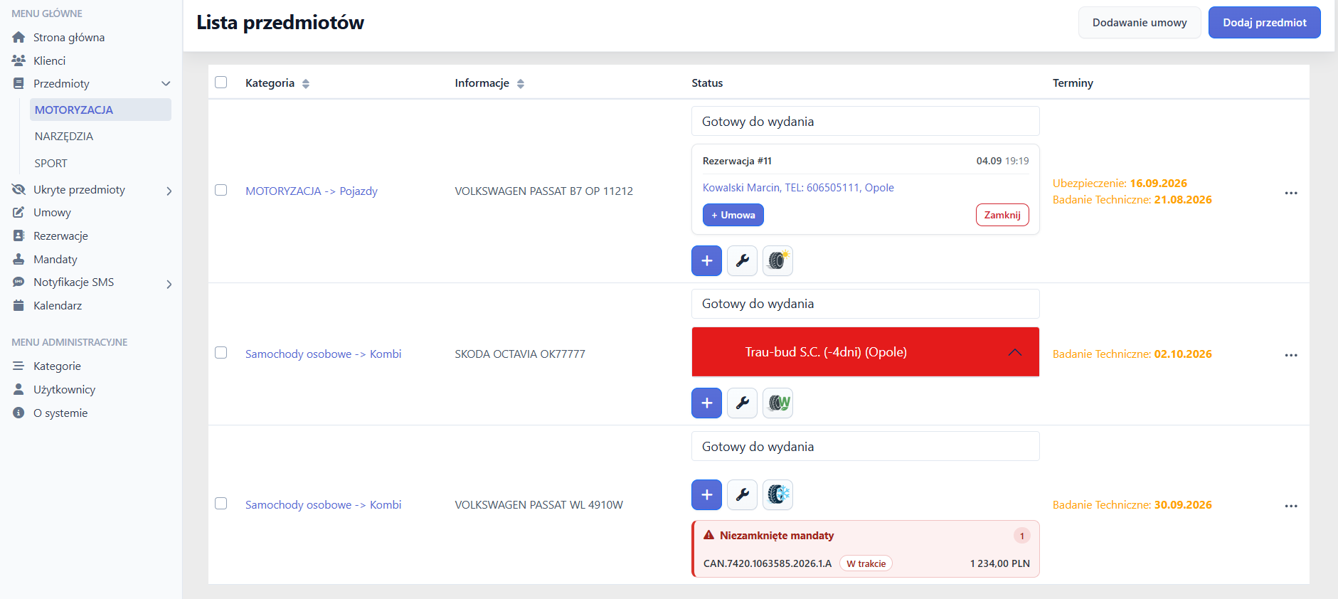 Lista przedmiotów