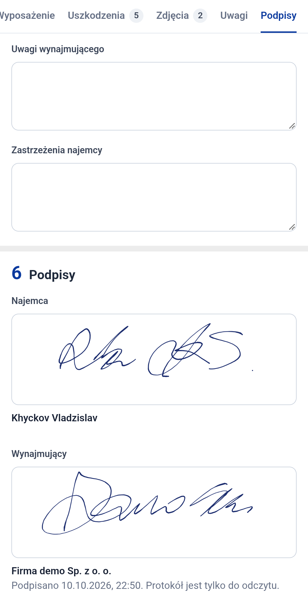Protokół na telefonie: podpisy najemcy i wynajmującego palcem na ekranie