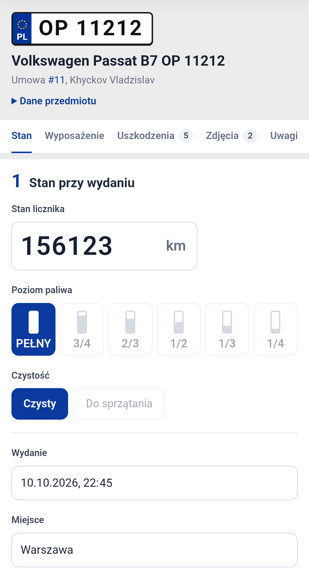 Protokół na telefonie: stan licznika, poziom paliwa i czystość przy wydaniu